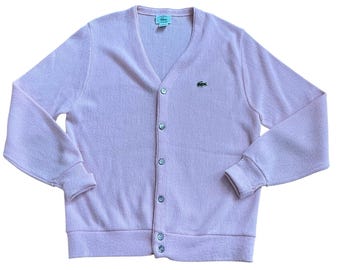 Vintage Izod Lacoste Pink Cardigan Sweater  USA 1980s Golf Preppy Ivy Grandpa L