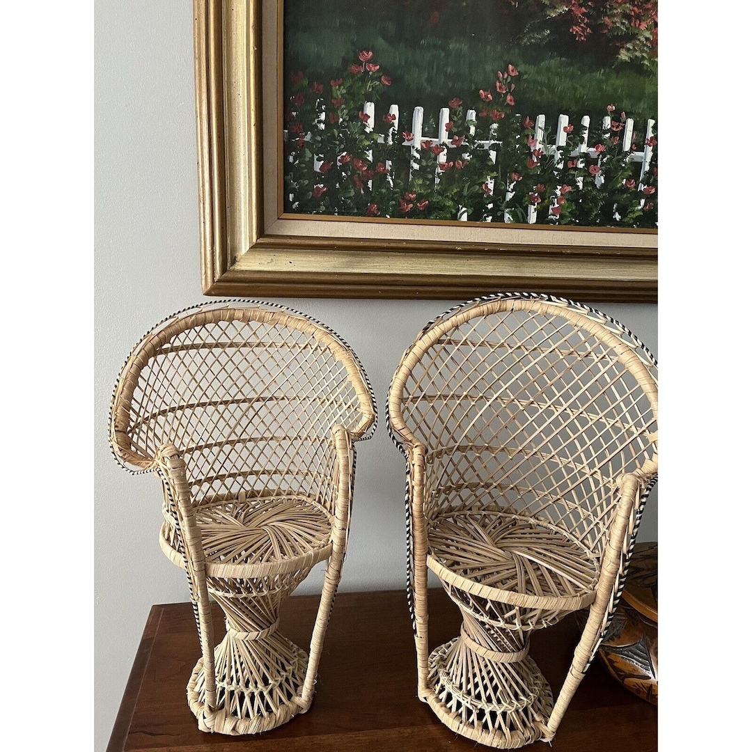 2 Vintage Mini Peacock Chairs Brown Wicker Boho 15” Tall Rattan