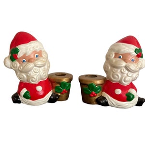 Vintage Pair Santa Claus Taper Candle Holders Christmas Holly