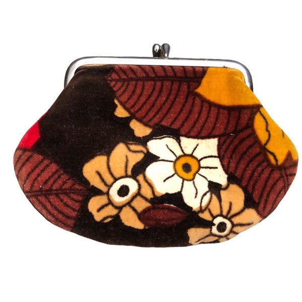 Vintage mod Flower Power Change Purse 1970 Brown Velour Audrey Talbott