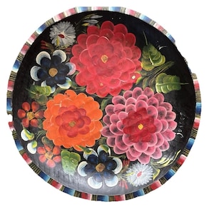 VTG Mexican Hand Carved Painted Floral Batea Wood Bowl Plate Signed Folk Art 13”