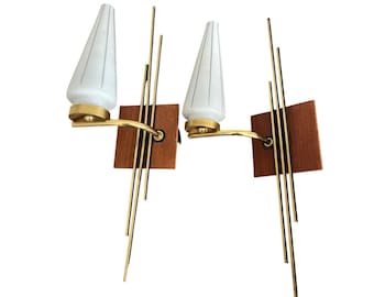 Vintage Scandinavian Glass Wood Wall Sconces Brutalist Atomic Shades