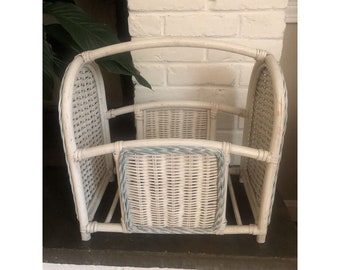 Vintage Large White Wicker Light Blue Border Magazine Rack