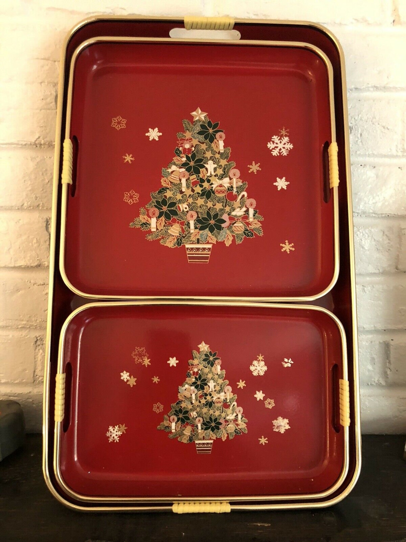 Vintage Lacquered Red Holiday Christmas Tree Nesting Trays Etsy
