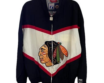 Vintage Logo 7 Chicago Blackhawks NHL Full Zip Nylon Jacket Black Red L