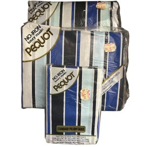 Vintage Pequot Luxury Blue Striped Full  Sheet Set Flat Fitted Pillowcases NIP