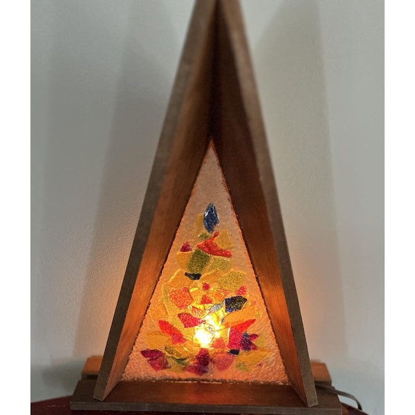 Lampe en bois rétro vintage du milieu du siècle, vitrail abstrait