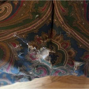 Op de afbeelding: Een stoffen kussenhoes met een veelkleurig paisley-patroon in tinten blauw, groen, rood en goud. De stof vertoont zichtbare gebruikssporen, waaronder gerafelde randen en een scheur in het midden die de witte vulling aan de binnenkant blootlegt.