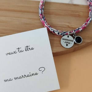 Bracelet personnalisé en cordon coton liberty avec médailles à graver • Bracelet demande d'être marraine, carte marraine