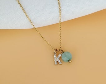 Collier personnalisé avec lettre initiale et pierre naturelle • Collier prénom, Cadeau naissance, collier maman ou naissance