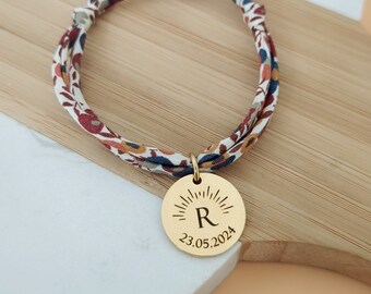 Personalized liberty cotton bracelet with baptism or communion medal - Bracelet for child or adult with initial and date