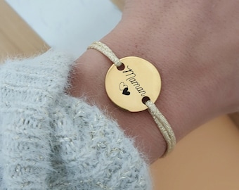 Pulsera personalizada en cordón brillante con medalla para grabar • Pulsera con nombre, Regalo de nacimiento, Regalo de mamá, Día de la Madre