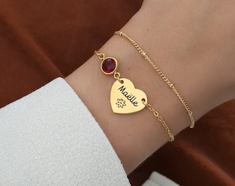 Personalisiertes Armband mit gravierbarem Herzanhänger und Geburtsstein • Personalisiertes Armband für Mama, Oma, als Weihnachtsgeschenk...