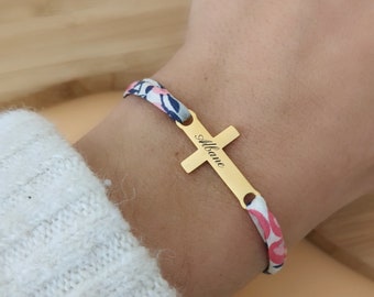 Personalized liberty cotton cord bracelet with cross to engrave • First name bracelet, Birth gift, mom Mother's Day