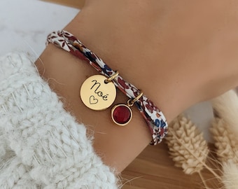 Pulsera liberty personalizada de cordón de algodón con medallas para grabar y piedra de nacimiento • Pulsera personalizada para mamá, madrina...