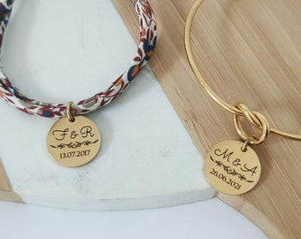 Personalized bracelet with medallion for weddings - Liberty print bracelet, bangle with medallion, wedding necklace, wedding gift, bridesmaid gift
