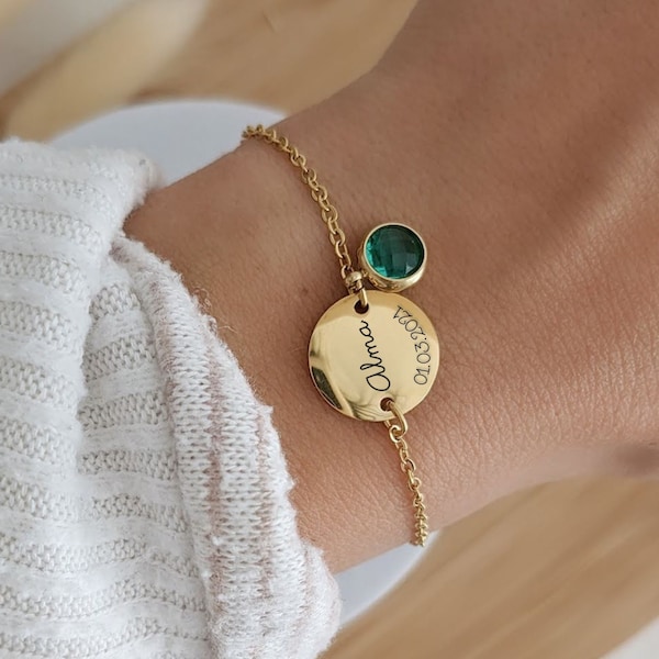 Bracelet chaîne personnalisé avec médaille à graver et pierre de naissance • Bracelet prénom, Cadeau naissance, Cadeau maman