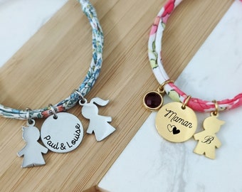 Personalized Liberty cord bracelet with children's charm and engravable medallion - Baby shower gift, mom gift, Mother's Day gift