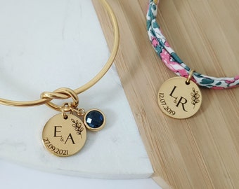 Bracelet personnalisé avec médaille pour mariage - Bracelet liberty, jonc avec médaille, collier mariage, cadeau mariage ,cadeau témoin