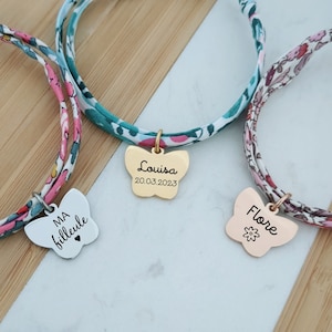 Personalized bracelet in liberty cotton cord with butterfly medal to engrave • Children's bracelet, first name bracelet, birth gift