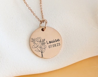 Collier personnalisé fleur de naissance à graver avec prénom en acier • Collier naissance, Cadeau naissance, Cadeau maman, Saint Valentin