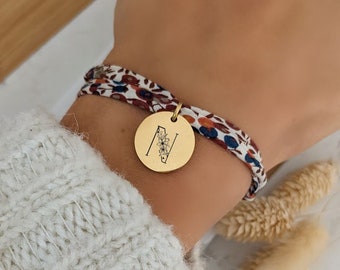 Personalized liberty cotton bracelet with an engraved medallion with floral initial - First name bracelet, Birth gift, Mom