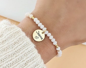 Pulsera personalizable con medalla para grabar y cuentas de cristal de colores • Pulsera con nombre, apodo, regalo mamá, regalo nacimiento