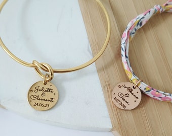 Bracelet personnalisé avec médaille pour mariage - Bracelet liberty, jonc avec médaille, collier mariage, cadeau mariage ,cadeau témoin