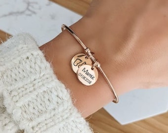 Bangle bracelet with medals to engrave in stainless steel • Personalized bracelet, Birth gift, Mom gift, Valentine's Day