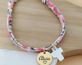Personalized liberty cord bracelet with cross and medals to engrave - First name bracelet, confirmation gift, communion, baptism, child