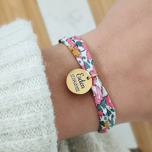 Personalized bracelet in liberty cotton cord with golden medals to engrave • First name bracelet, Birth gift Mom gift Mother's Day