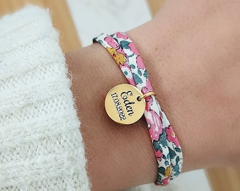 Personalized bracelet in liberty cotton cord with golden medals to engrave • First name bracelet, Birth gift Mom gift Mother's Day