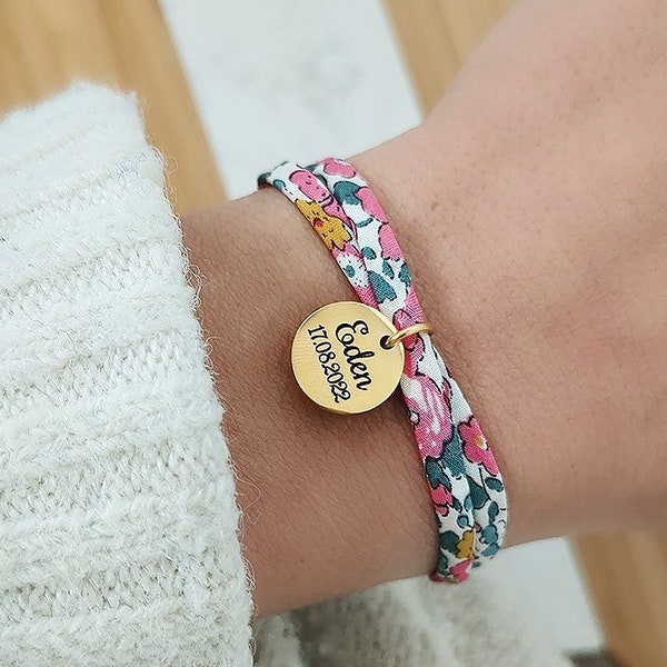 Personalized bracelet in liberty cotton cord with golden medals to engrave • First name bracelet, Birth gift Mom gift Mother's Day