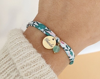 Bracelet cordon liberty personnalisé avec pierre naturelle et médaille à graver en acier - Bracelet personnalisé, cadeau naissance, maman