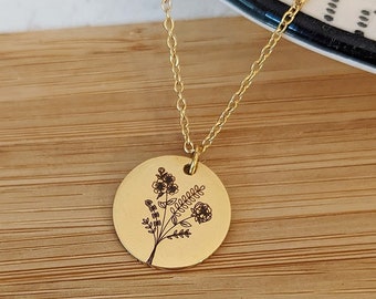Personalized necklace with a bouquet of birth flowers to engrave • Birth necklace, Birth gift, Mom gift, Valentine&#39;s Day