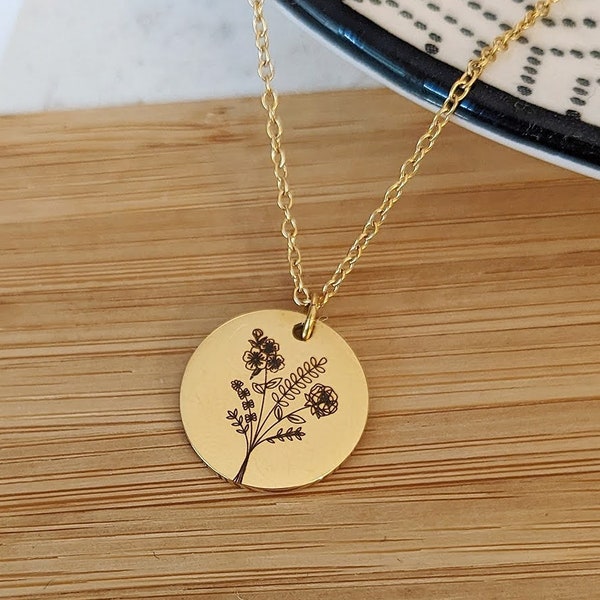 Collier personnalisé avec un bouquet de fleurs de naissance à graver • Collier naissance, Cadeau naissance, Cadeau maman, Saint Valentin