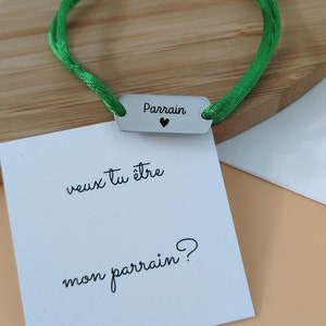 Bracelet parrain personnalisé en cordon coton avec médailles à graver • Bracelet demande d'être parrain, carte parrain