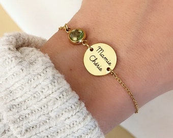 Pulsera personalizada con medalla para grabar y piedra de nacimiento • Pulsera personalizada para mamá, abuela, día de la abuela...