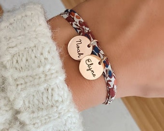Personalized bracelet in liberty cotton cord with rose gold medals to engrave • First name bracelet, Birth gift, Mother&#39;s Day gift