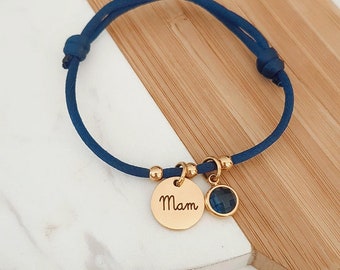 Bracelet personnalisé en cordon avec médailles à graver avec perles et pierre de naissance • Bracelet personnalisé pour maman, marraine...