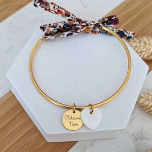 Liberty bangle bracelet to personalize with medals to engrave and mother-of-pearl • First name bracelet, Birth gift, Mom gift
