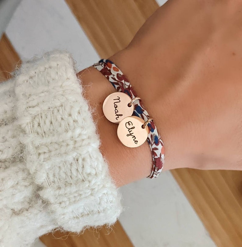 Personalized liberty cotton cord bracelet with rose gold medals to engrave First name bracelet, Birth gift, Mother's Day gift image 2