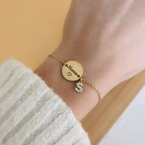 Bracelet with medal to engrave in gold stainless steel and rhinestone letter • Personalized bracelet, Birth gift, Mom gift, Christmas
