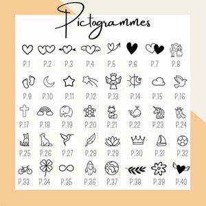 May include: A black and white chart featuring 40 different pictograms. The pictograms are arranged in rows and columns. Each pictogram is labelled with a letter and number, for example, P.1, P.2, P.3, etc.