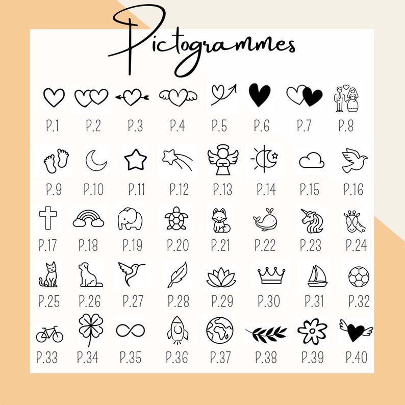 May include: A black and white chart featuring 40 different pictograms. The pictograms are arranged in rows and columns. Each pictogram is labelled with a letter and number, for example, P.1, P.2, P.3, etc.