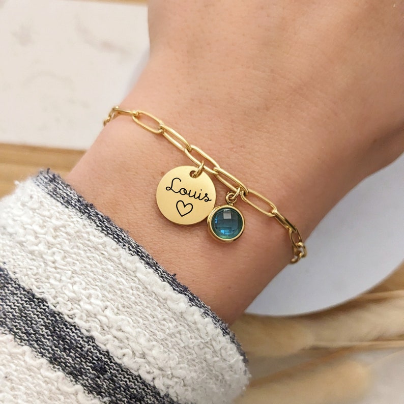 Bracelet personnalisé à maillons avec médaille et pierre de naissance Bracelet personnalisable, cadeau naissance, cadeau maman,prénom image 2