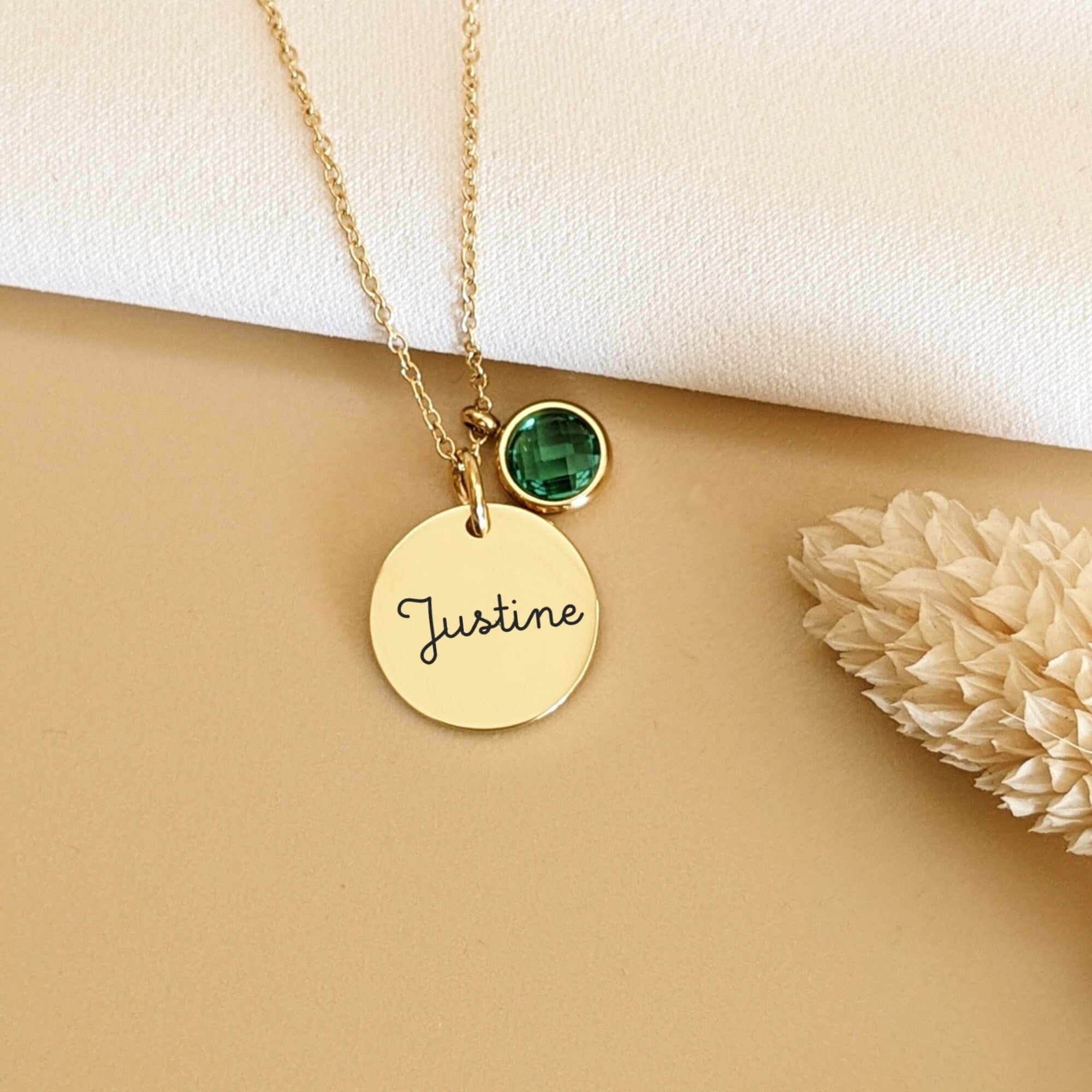 Personalized necklace with medal to engrave and birthstone • Name necklace, Birth gift, mother's or birth necklace
