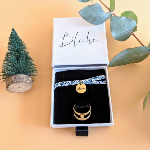 Coffret cadeau de Noël : bracelet cordon liberty personnalisé et bague Lucia • Bracelet prénom, Cadeau naissance, maman Fête des mères