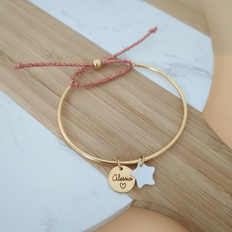 Shiny cord bangle bracelet to personalize with engravable medals and mother-of-pearl First name bracelet, Birth gift, Mom gift image 1