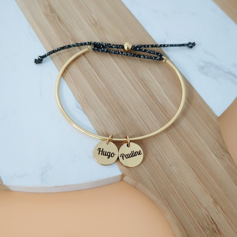 Shiny cord bangle bracelet to personalize with engravable medals and mother-of-pearl First name bracelet, Birth gift, Mom gift image 2